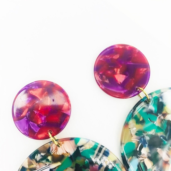 Circle Drop Earrings in Green with Pink Stud - Picture 3 of 8